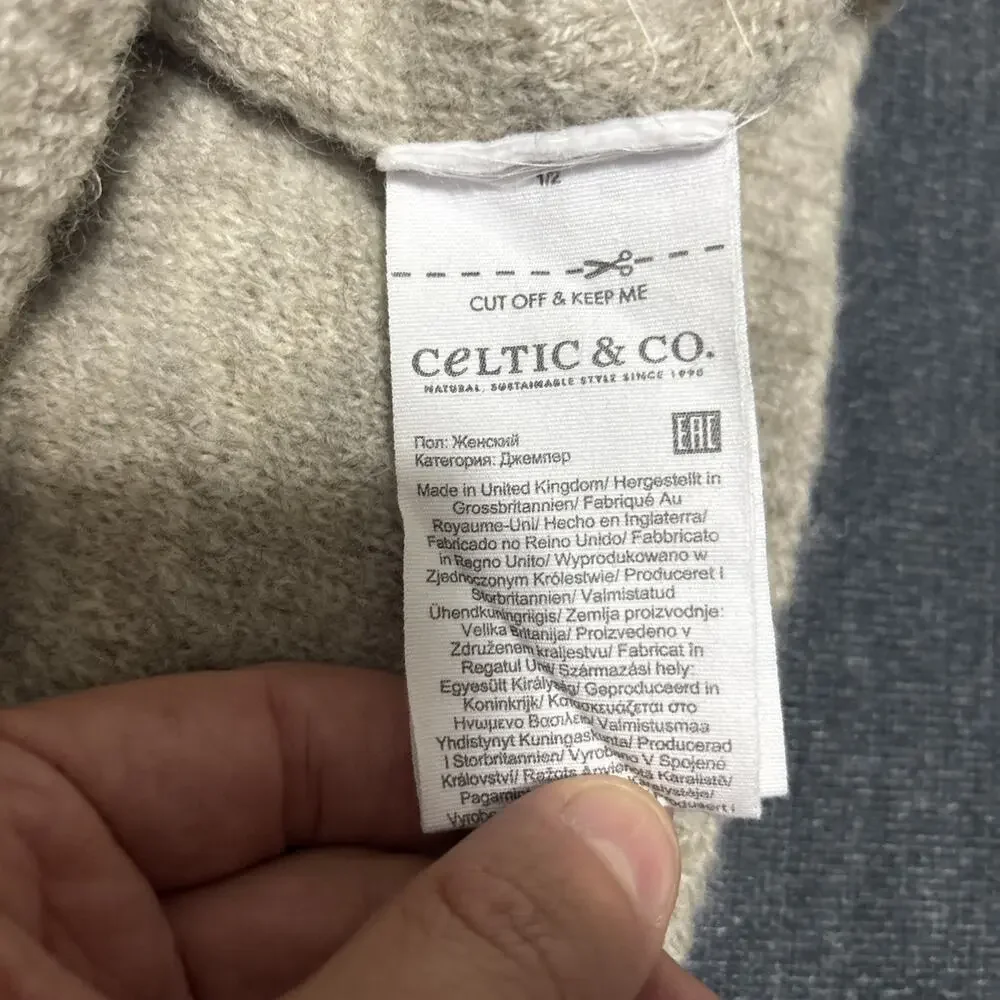 Celtic Co Cardigan Womens Small Grey Beige Full Zip 100% Wool Cable Knit Sweater
